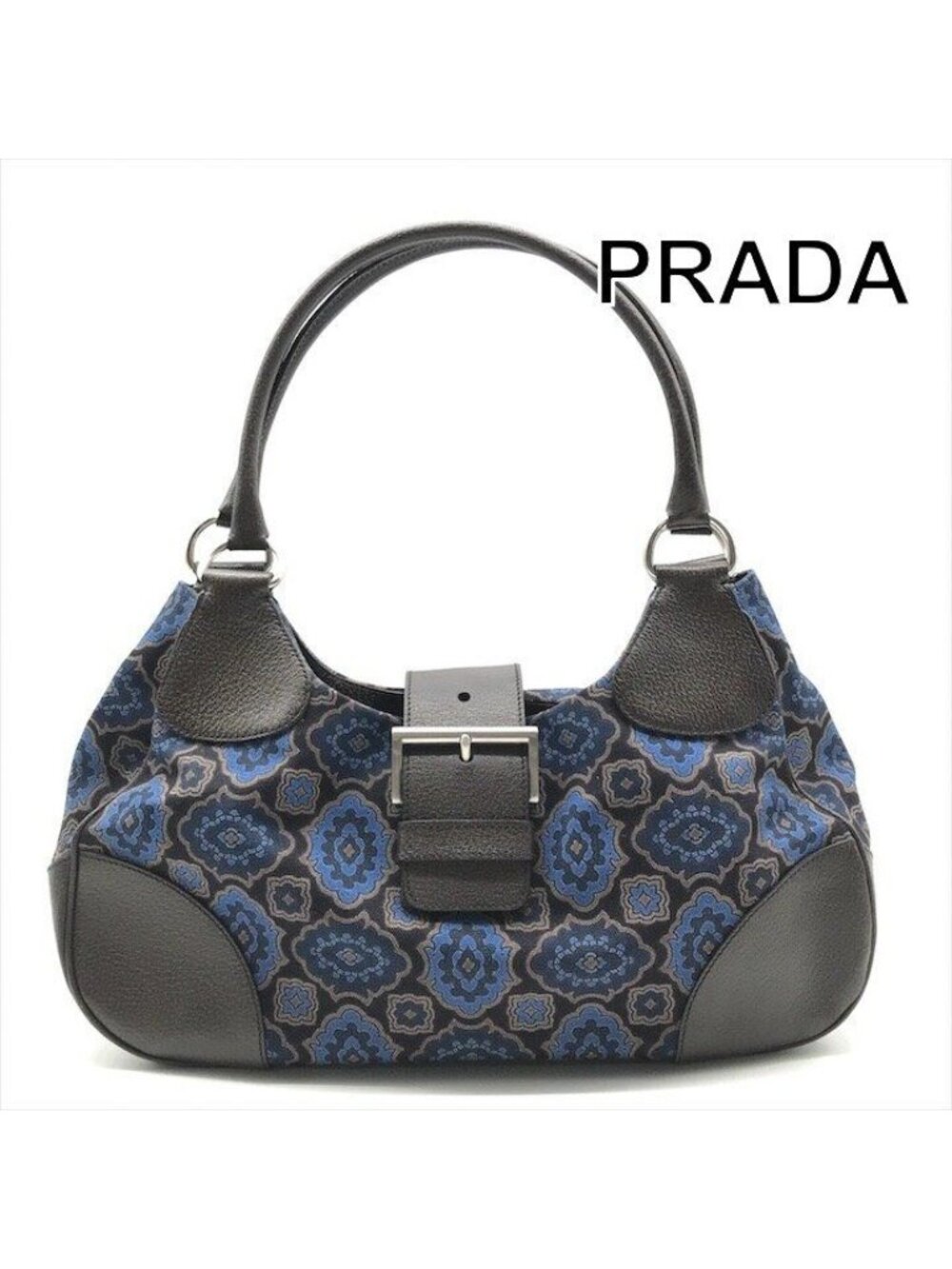 Prada Milano Leather Canvas Hand Bag Navy